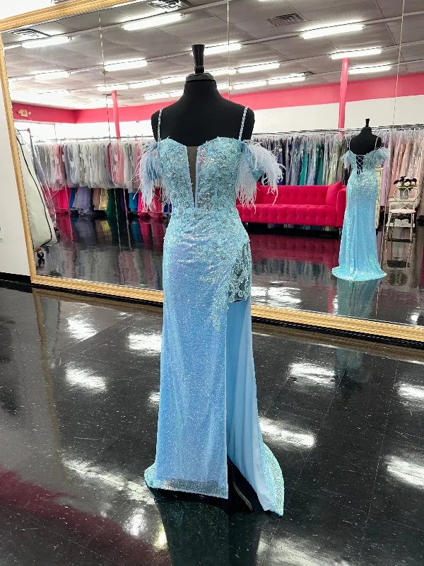 Lucci Lu 1282 Size 10 Light Blue Long Fitted Sequin Sheer Lace Feather off the Shoulder Prom Dress Formal Gown Corset Back Flirty Sequin Dress