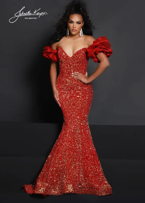 Johnathan Kayne 2641 Size 6 Ruby Long Velvet Sequin Mermaid Prom Dress Puff Sleeve Pageant Gown Backless Sequin Dress