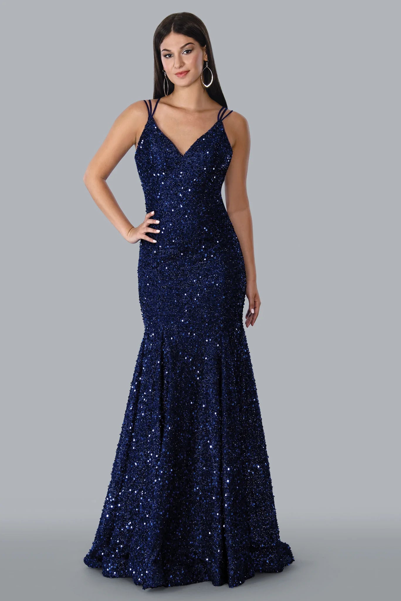 Stella Couture 23118 Size 16 Blue Long Sequin Fitted Mermaid Prom Dress V Neck Formal Gown Blue Sequin Dress