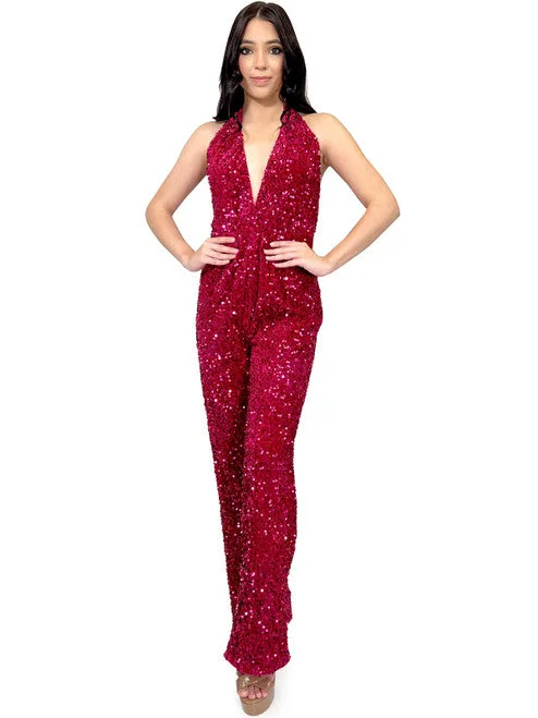 Marc Defang 8049 Size 8 Fuchsia Jumpsuit Fun Fashion Velvet Sequin Halter Pageant Wear Sequin Dress Casual