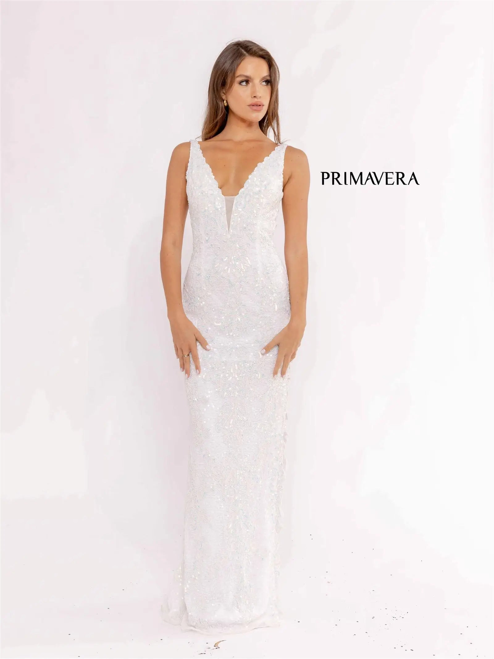 Primavera Couture 3953 Size 4 Ivory Long Beaded Sequin Side Slit Prom Dress Formal Pageant Gown V Neck Ruffled Sequin Dress