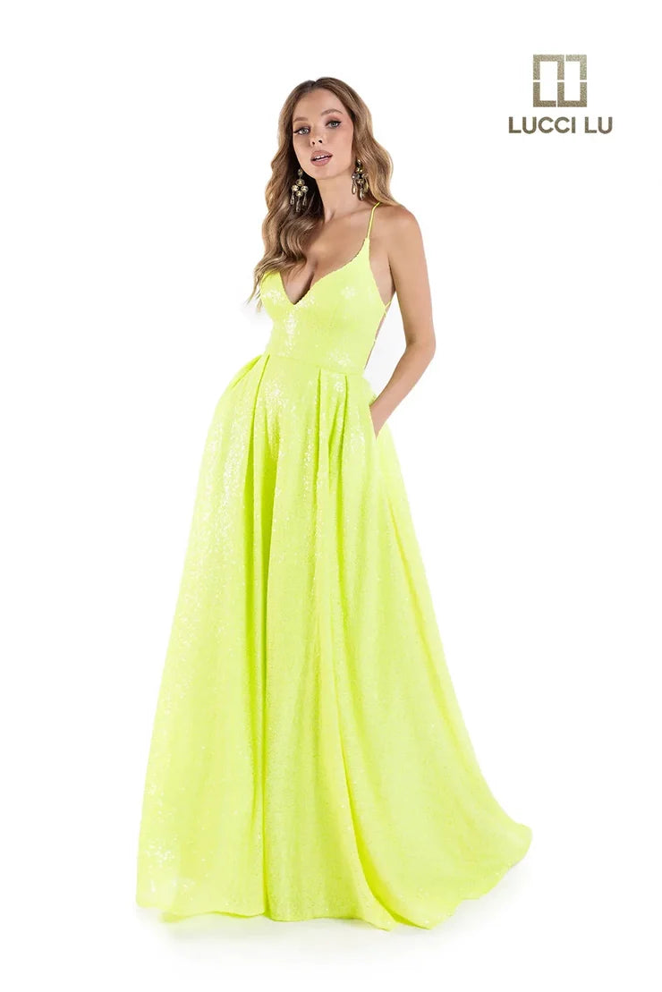 Lucci Lu 1246 Size 10 Neon Green Sequin Neon A Line Ballgown Backless Corset Prom Dress Pockets Formal Gown Bodycon Sequin Dress