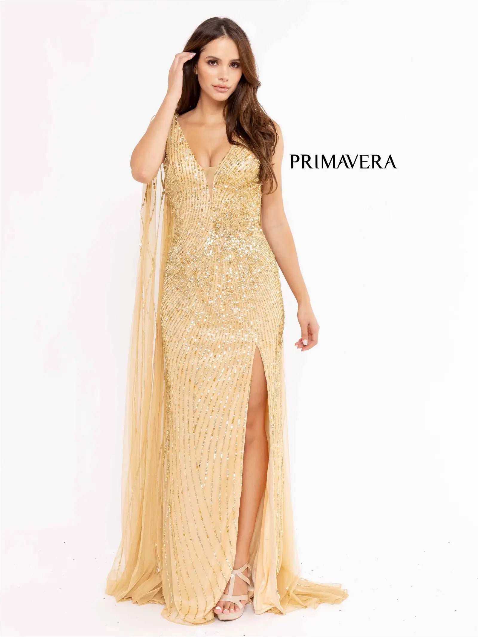 Primavera Couture 3971 Size 6 Gold Long Fitted Beaded Sequin Formal Pageant Dress Prom Gown Cape High Neck Sequin