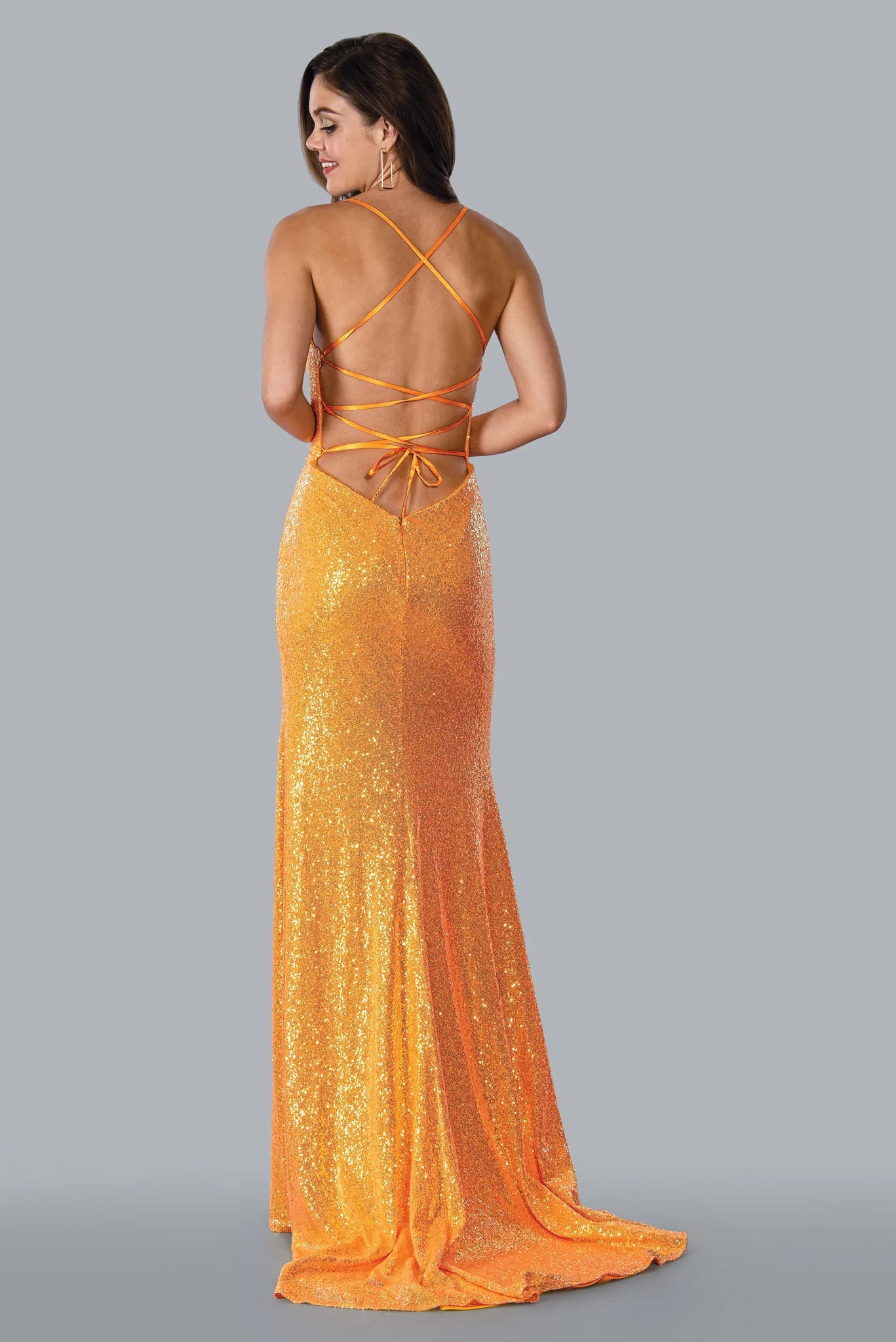 Stella Couture 23141 Size 4 Orange Long Fitted Sequin Backless Corset Prom Dress Slit Formal Gown V-neck Sequin Dress