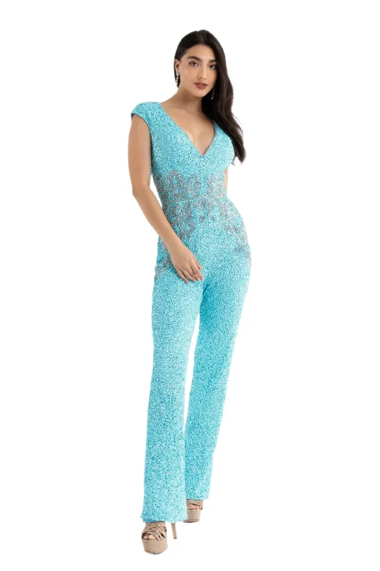 Primavera Couture 3775 Size 12 Turquoise Sequined Jumpsuit Beaded Waist and Hips Cap Sleeves Glamorous Sequin Dress