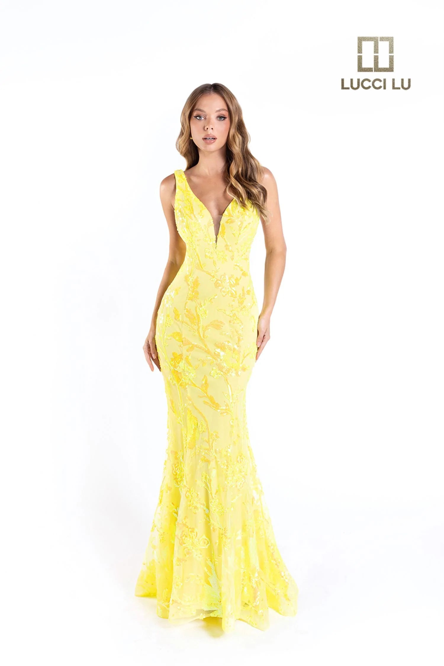 Lucci Lu 1230 Size 18 Neon Yellow Long Fitted Sequin Neon Prom Dress V Neck Formal Pageant Gown Backless Vintage Sequin Dress