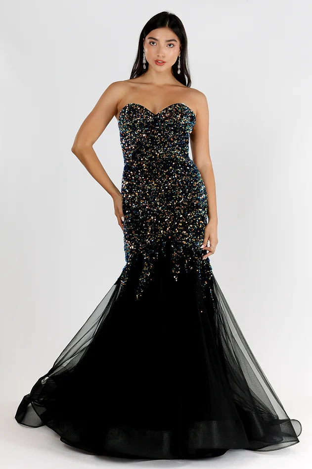 Vienna Prom 82030 Size 10 Multi Strapless Mermaid Prom Dress Sequin Tulle Gown Plus Size Sequin