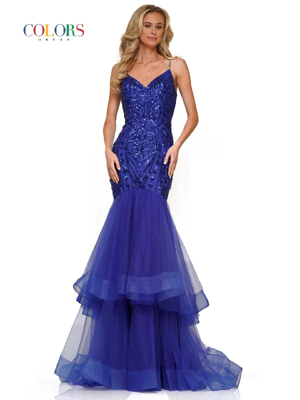 Colors Dress 2978 Size 4 Royal Fitted Sequin Mermaid Prom Dress Ruffle Layer Formal Gown Corset Back Sequin Gown Party