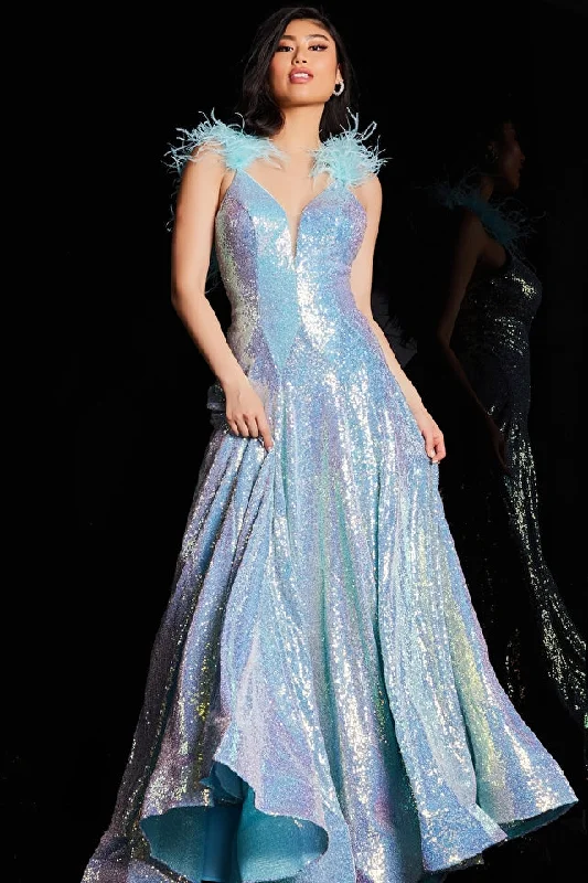 Jovani JVN24164 Size 8 Iridescent Blue Prom Dress Feather Straps V Back A Line Sequins Sequin Cocktail Gown