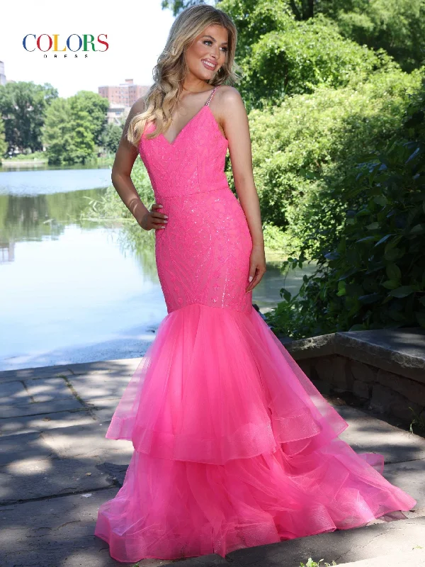 Colors Dress 2978 Size 6 Hot Pink Fitted Sequin Mermaid Prom Dress Ruffle Layer Formal Gown Corset Back Hot Pink Sequin