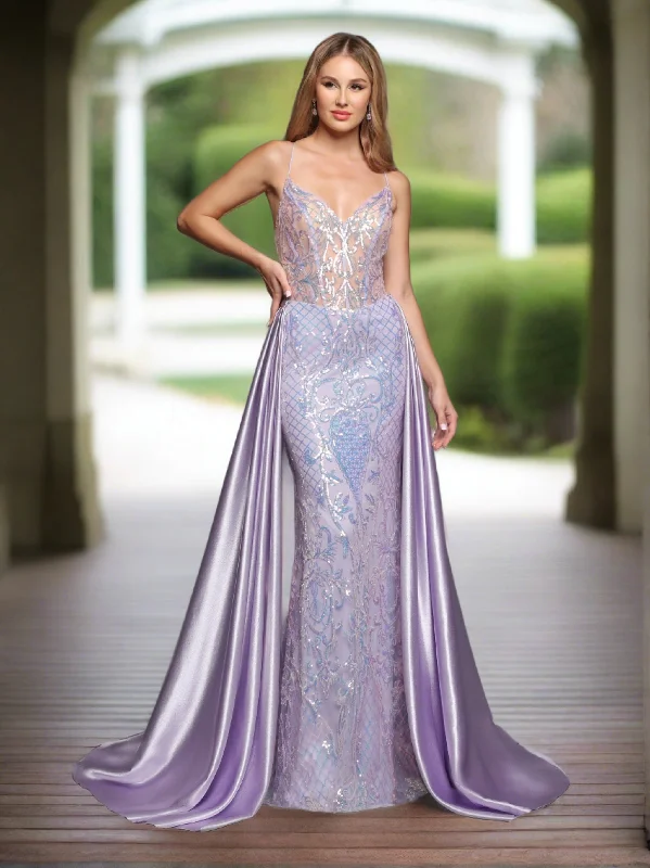 Sparkle Prom 72233 Size 4 Lilac Long Fitted Sequin Sheer Overskirt Prom Dress Pageant Gown Backless Corset Sleeveless Sequin Dress