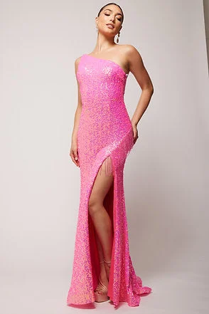 Vienna Prom Dress 8857 Size 10 Fuchsia Sequin One Shoulder Prom Dress Fringe Slit Gown Flirty Sequin Dress