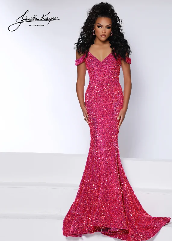 Johnathan Kayne 2678 Size 14 Magenta sequin stretch velvet gown with off shoulder straps Gold Sequin Dress