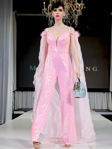 Marc Defang 8099 Size 12 Hot Pink Pageant Jumpsuit sequins off the shoulder straps cape and feathers Sequin Dress Trendy