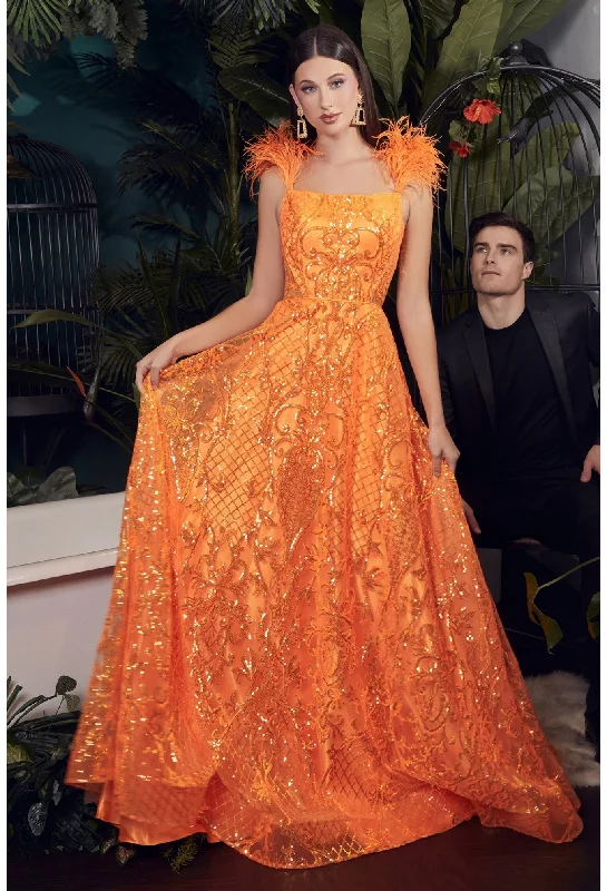 Ladivine KV1076 Size 2 Neon Orange Sequin Feather Prom Dress A Line Sheer Backless Formal Gown Chic Sequin Dress