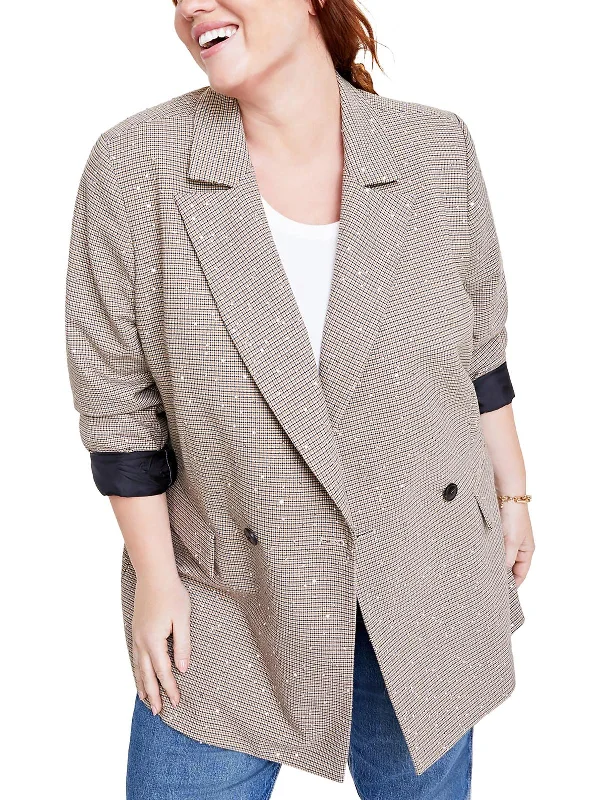 Plus Womens Sequined Plaid Double-Breasted Blazer Minimalist Blazer Look