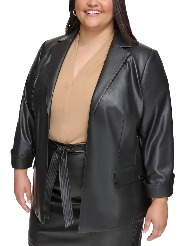 Plus Womens Faux Leather Suit Separate Open-Front Blazer Blazer for Date Night