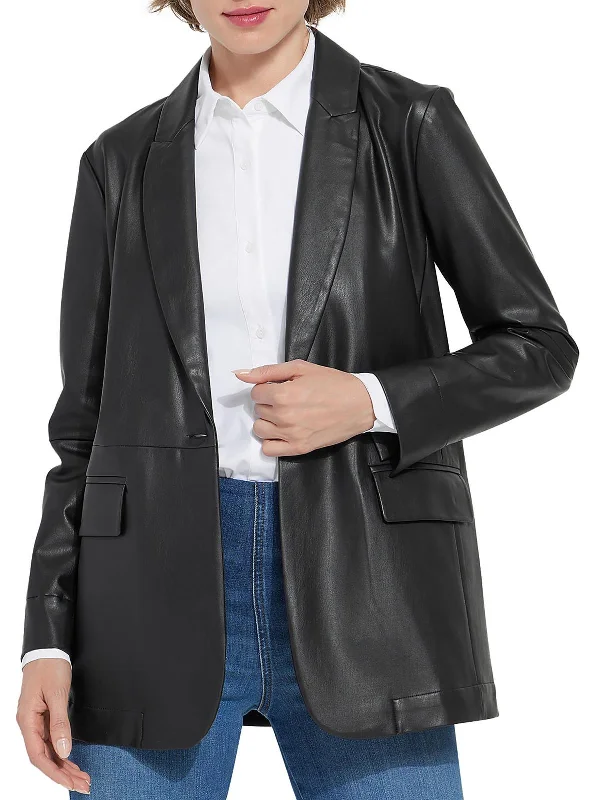 Womens Faux Leather Collar One-Button Blazer Elegant Blazer Look