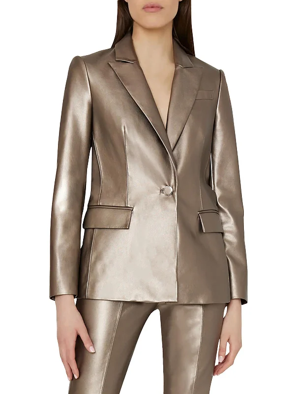 Alexa Womens Faux Leather Metallic One-Button Blazer Modern Work Blazer