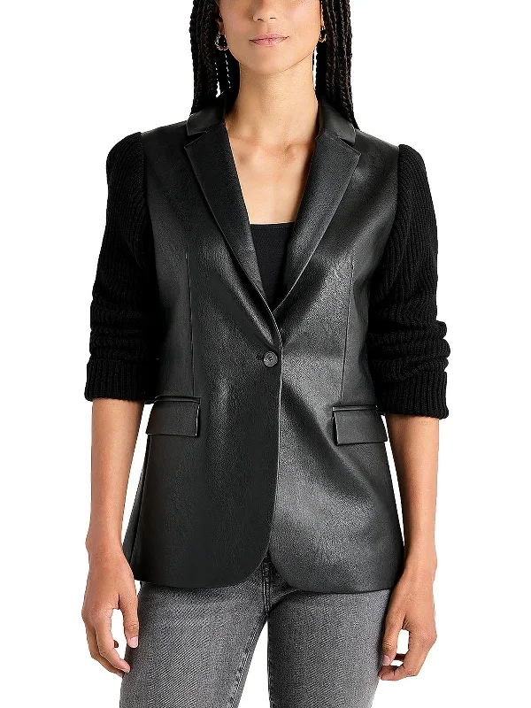 Adina Womens Faux Leather Mixed Media One-Button Blazer Office Wear Blazers