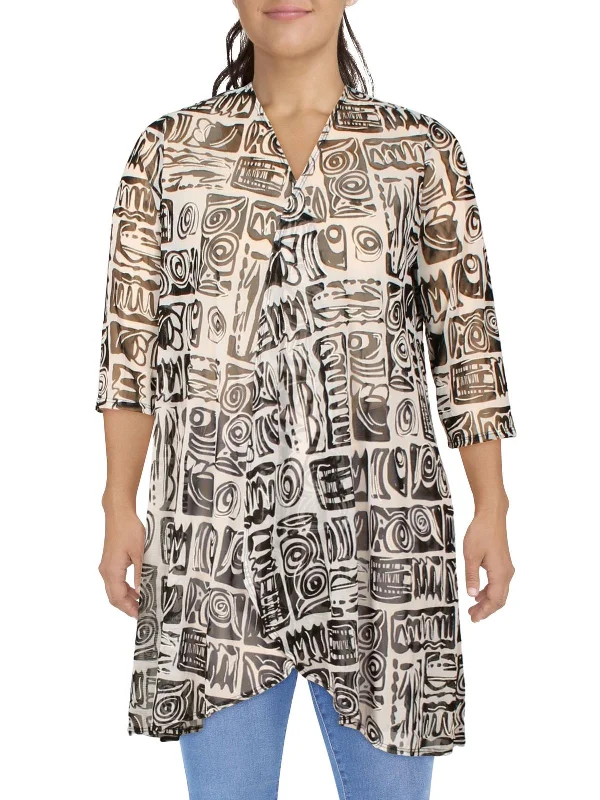 Womens Mesh Printed Duster Blazer Modern Work Blazer