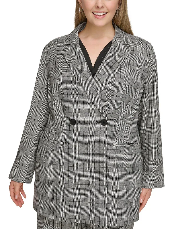 Plus Womens Plaid Wear to Work Two-Button Blazer Lightweight Work Blazer