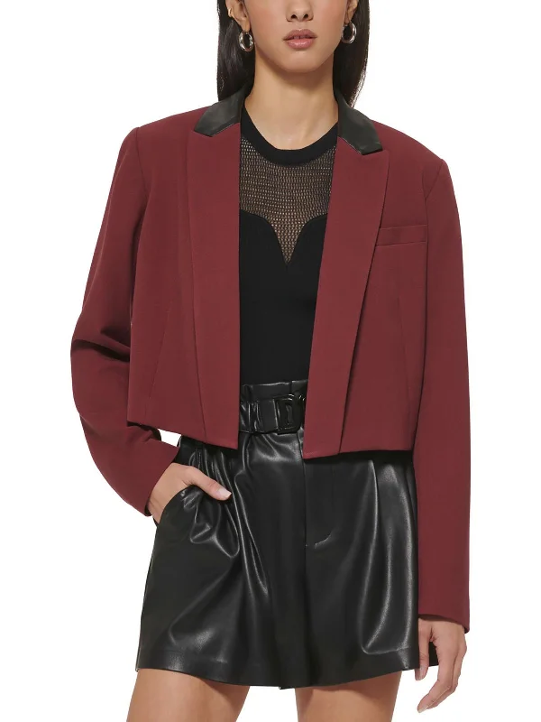 Womens Faux Leather Trim Crop Open-Front Blazer Women’s Blazer Fashion