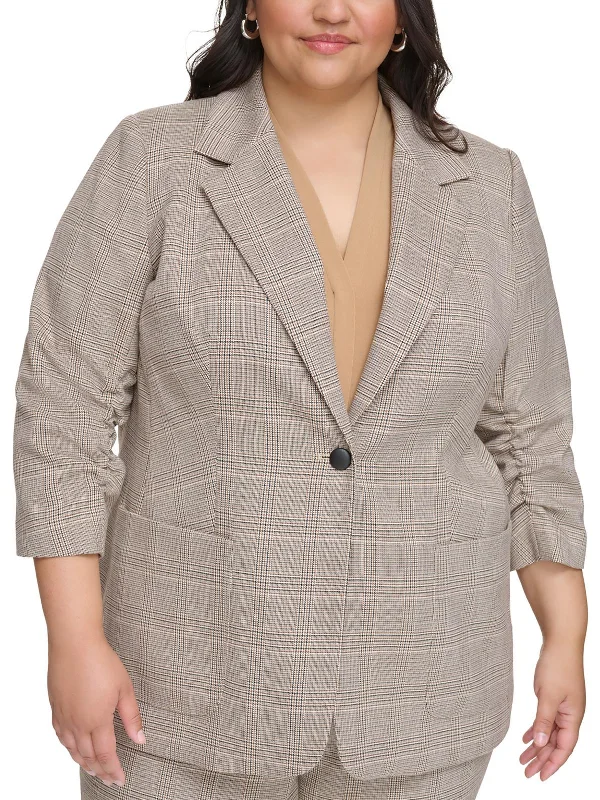 Plus Womens Houndstooth Suit Separate One-Button Blazer Long Blazer Style