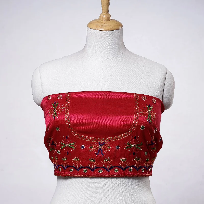 Red - Kutch Embroidery Mashru Silk Blouse Piece