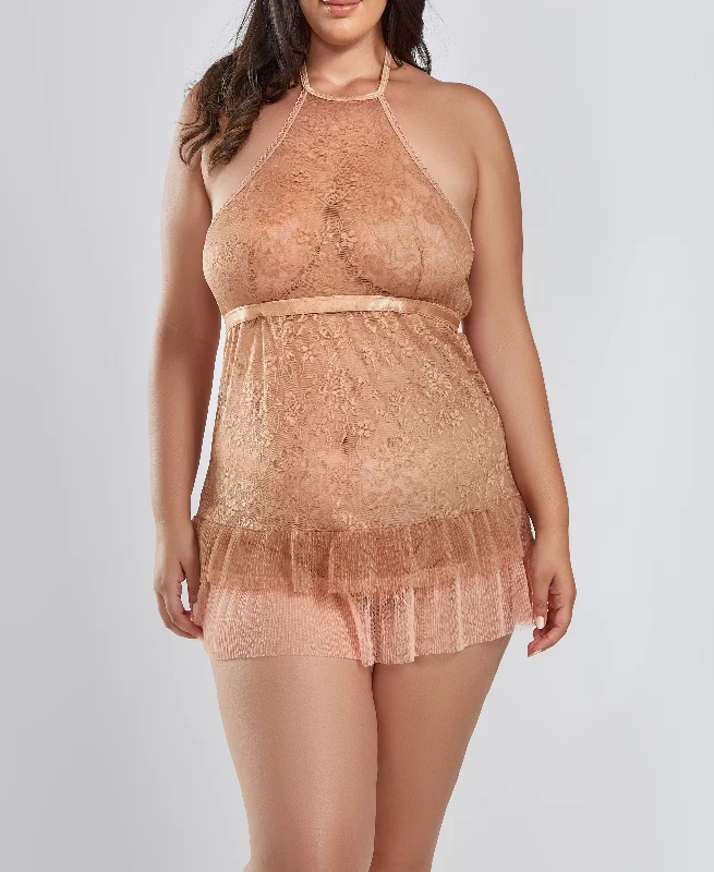 Haltered Lace & Pleat Tier Skirt Babydoll PLUS Sleeveless pajama sets