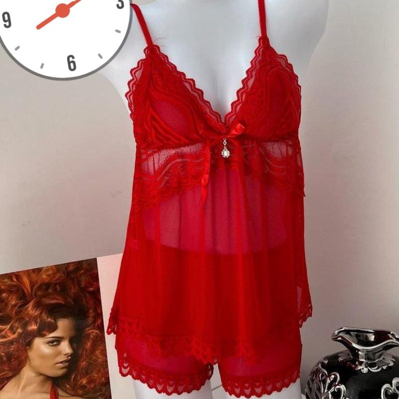 Hot Sexy Transparent  lace Net Cami Short-2pc Red | Summer Satin Nightwear Pyjamas Sexy 2PCS Softest pajama sets