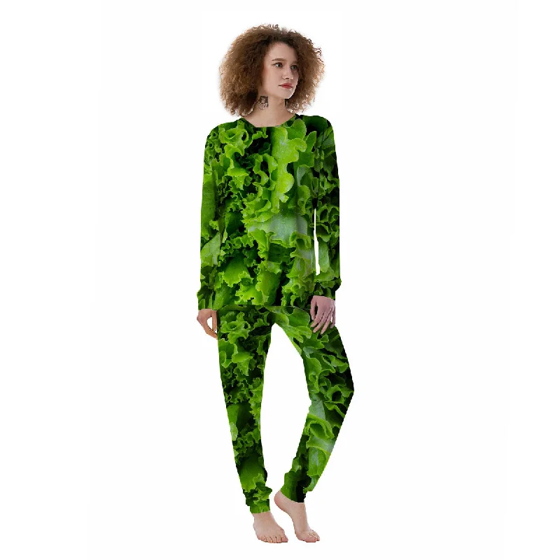 Lettuce Green Leaves Print Women's Pajamas Hoodie pajama sets