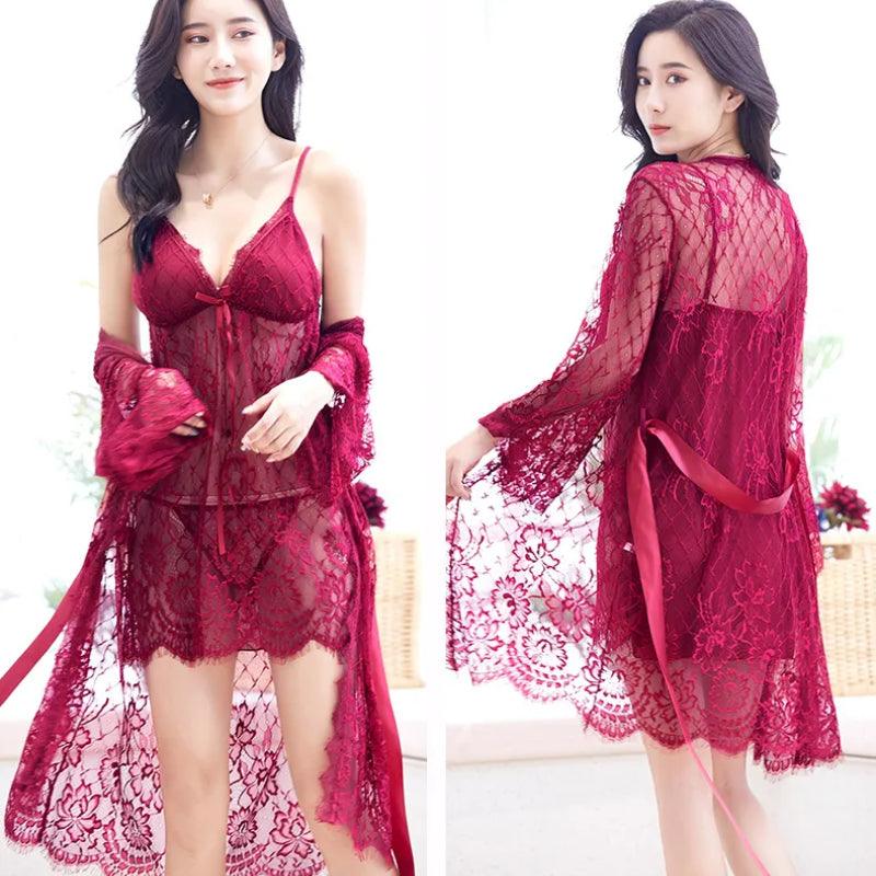 Sexy Lace Lingerie sheer robe for Women-3pc|Honeymoon Bridal Sexy ladies nighty Best pajama sets for elderly women