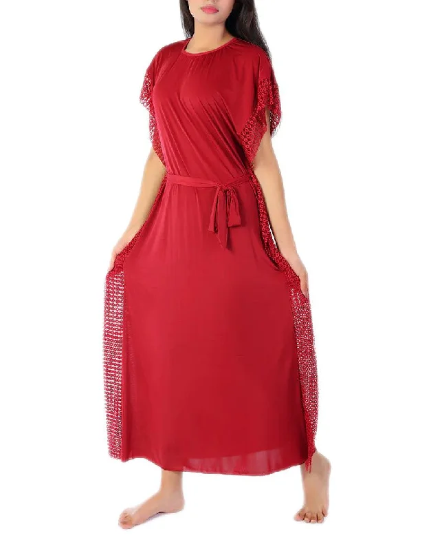 Women's 2 Piece Round Neck Side Lace Long Nighty -Maroon Vintage pajama sets