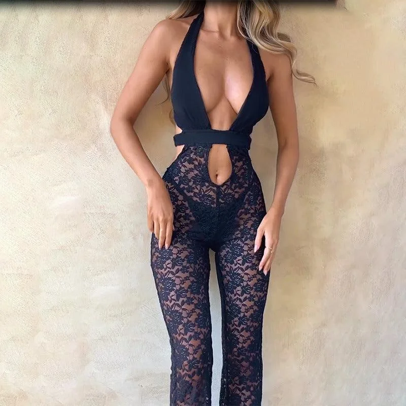 Women's Fashion Slim Hollow Deep V Lace Jumpsuit Victoria’s Secret pajama sets