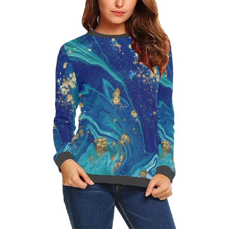 Blue Marble Pattern Print Women's Sweatshirt Water-resistant sweaters