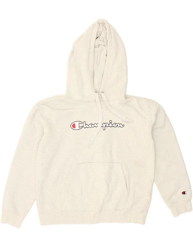 CHAMPION Womens Graphic Hoodie Jumper UK 14 Medium Beige Flecked Cotton Comfortable sweaters for all seasons