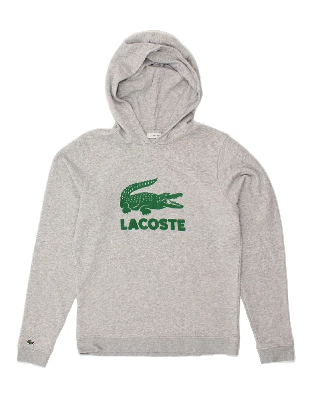 LACOSTE Womens Graphic Hoodie Jumper UK 12 Medium Grey Cotton Best sweaters for work