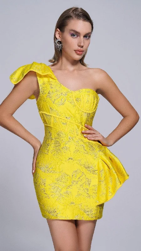 JACQUARD ONE SHOULDER MINI DRESS IN YELLOW Knitted mini dresses