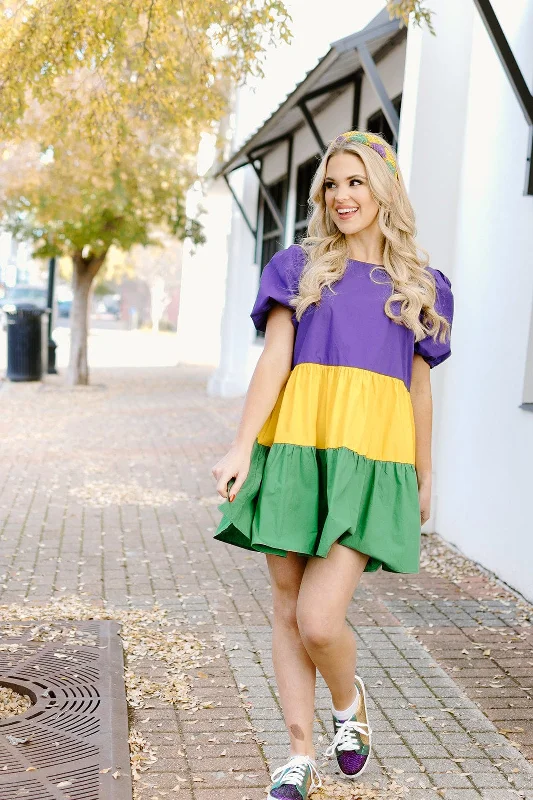 Mardi Gras Tiered Babydoll Dress Street style mini dresses