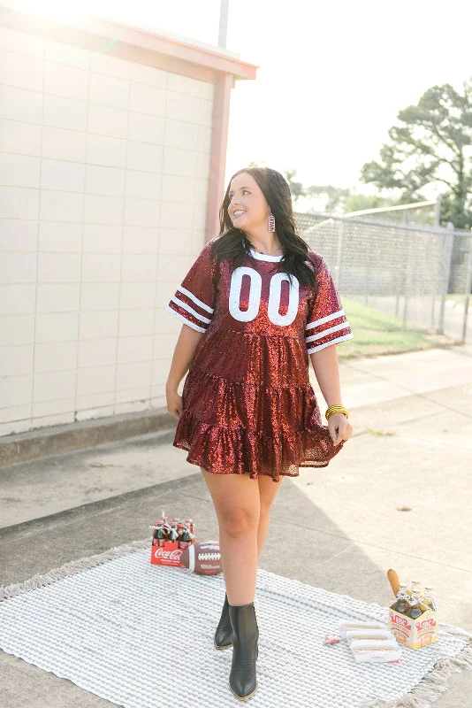 Maroon & White Jersey Sequin Dress Casual mini dresses