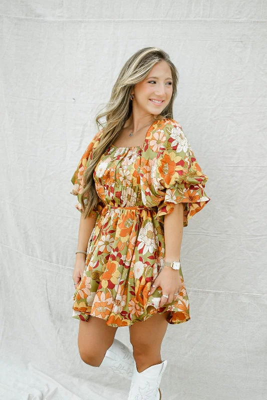 Olive Floral Babydoll Dress High-end mini dresses