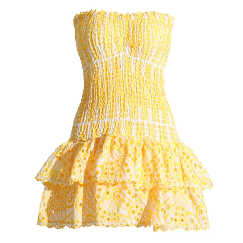 Sexy Scalloped Strapless Smocked Broderie Anglaise Tiered Ruffled Mini Dress Glamorous mini dresses