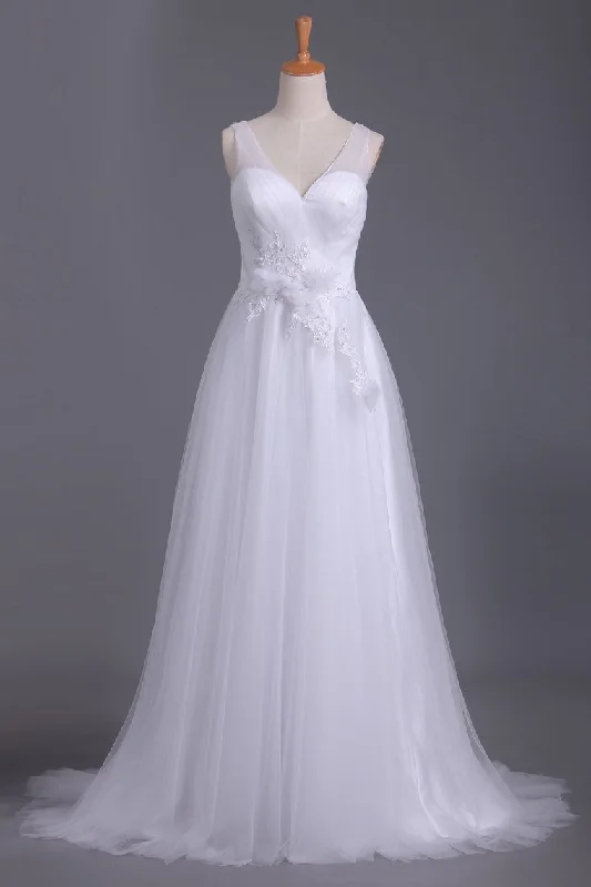 A Line V Neck Open Back Wedding Dresses Tulle With Ruffles And Handmade Flowers Satin Bridal Gown