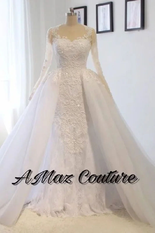 2024 Scoop Long Sleeves Wedding Dresses Mermaid Tulle With Beading PL7KKPYK Soft Satin Bridal