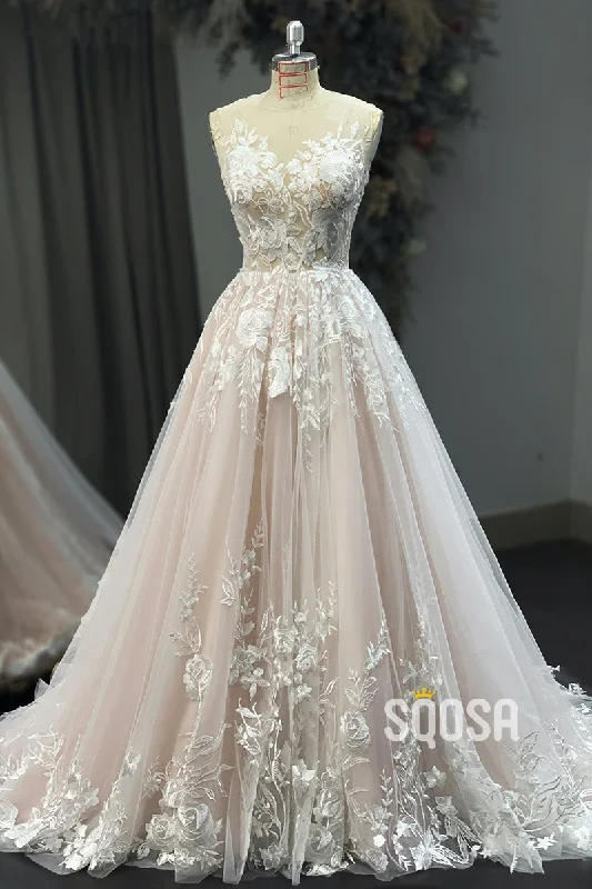 A-line Illusion Neckline Lace Appliques Rustic Wedding Dress Bridal Gown QW2185 Romantic Wedding Dress