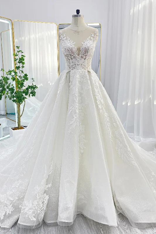 A-Line Chapel Train Lace Tulle Wedding Dress CW3260 A-line Bridal Dress