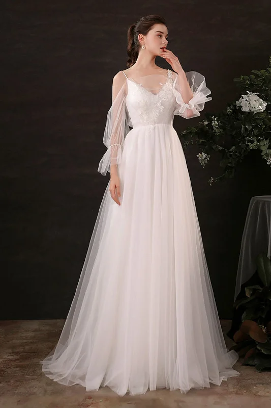 A-Line Floor Length Lace Tulle Wedding Dress CW2688 Classic Bridal Gown