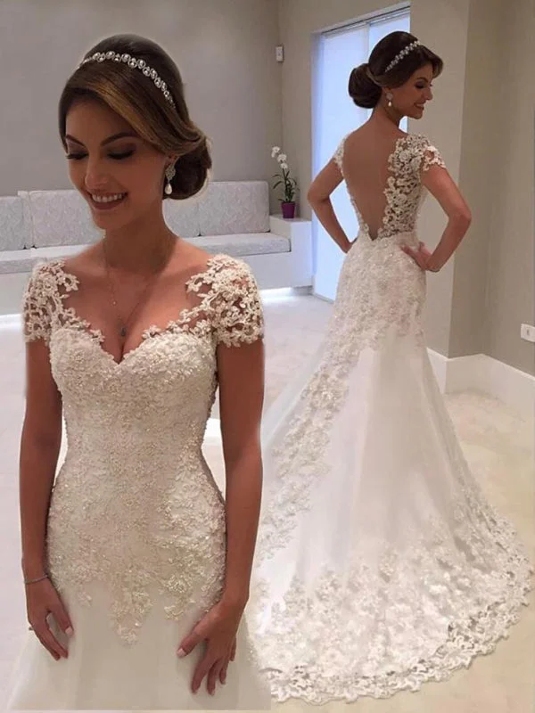 Affordable V-Neck Short Sleeves Lace Mermaid Wedding Dresses Vintage Lace Dress