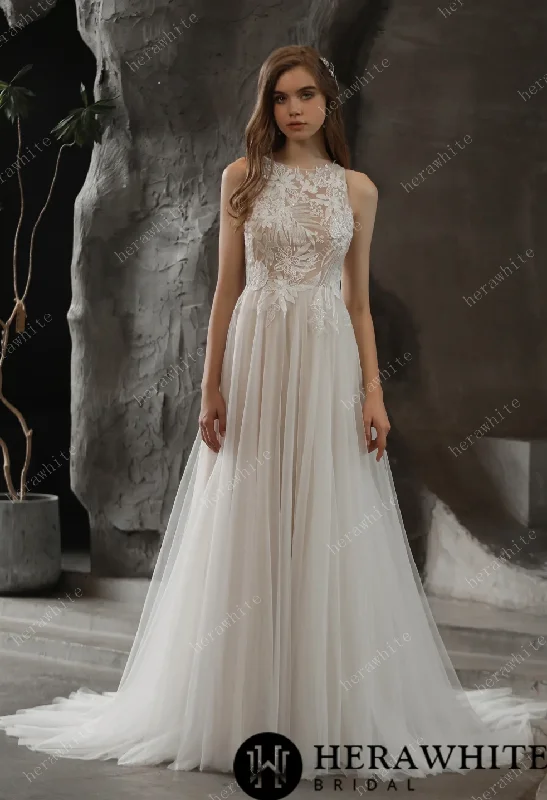 Bateau Neckline A-line Wedding Gown with Sequined Lace Illusion Lace Gown